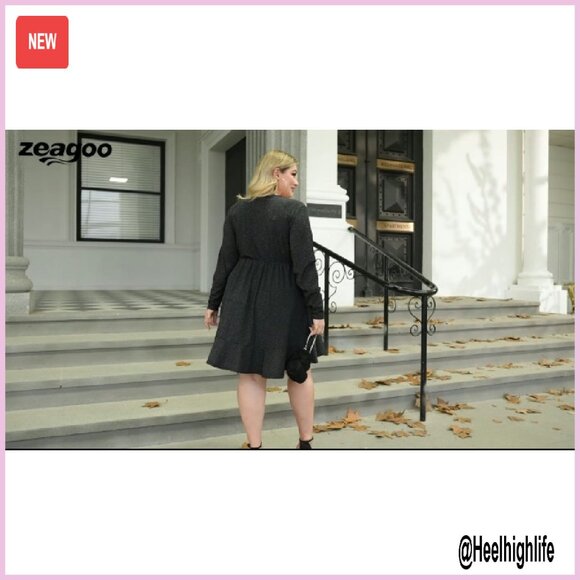 Plus Size Glitter Dress Long Sleeve V Neck Ruffle Hem Cocktail Party - Picture 7 of 8